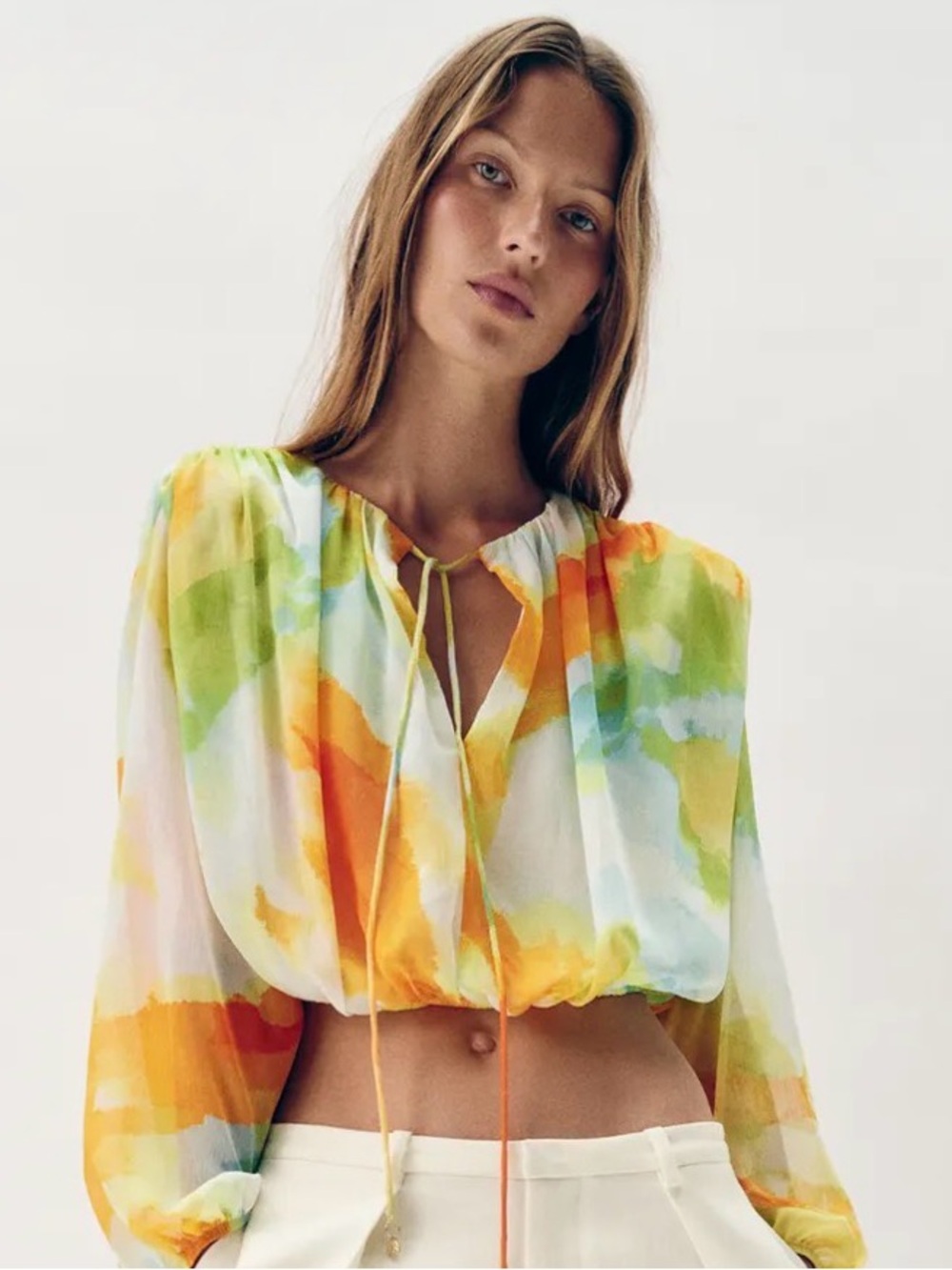 NWOT Zara Watercolor Tie-Front Blouse - Multicolor